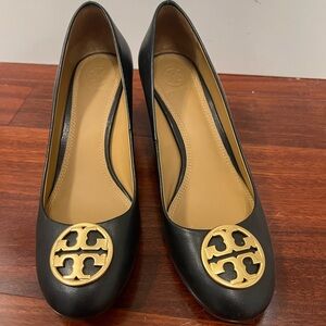 Tory Burch Black Wedges with Gold Emblem
